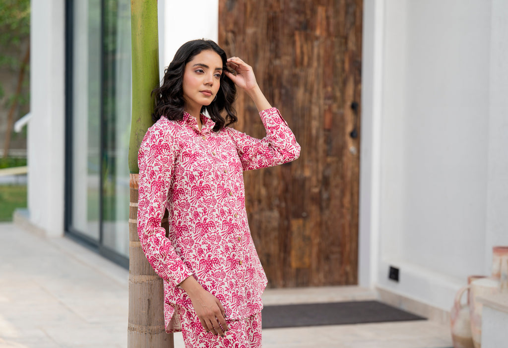 Noe Velarro Red Floral Printed Rayon Co-ord Set