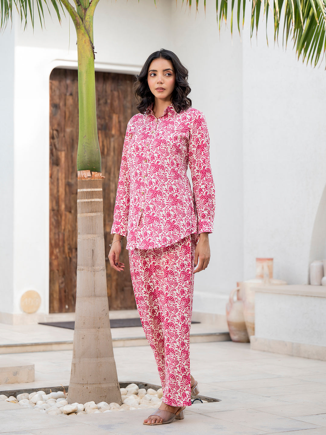 Noe Velarro Red Floral Printed Rayon Co-ord Set