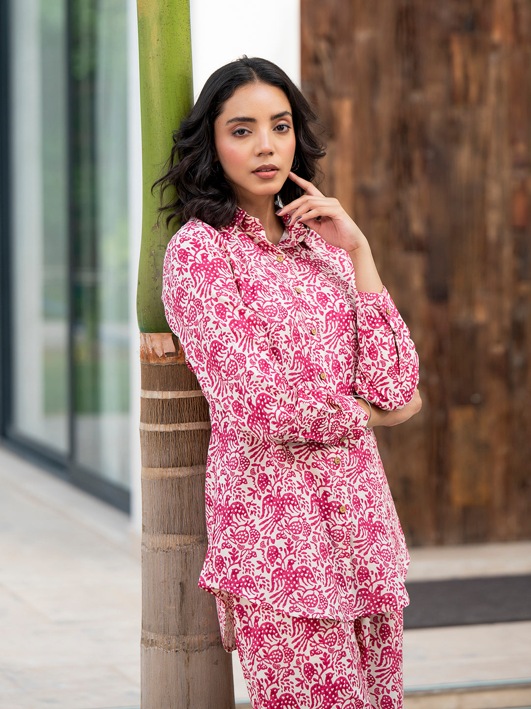 Noe Velarro Red Floral Printed Rayon Co-ord Set