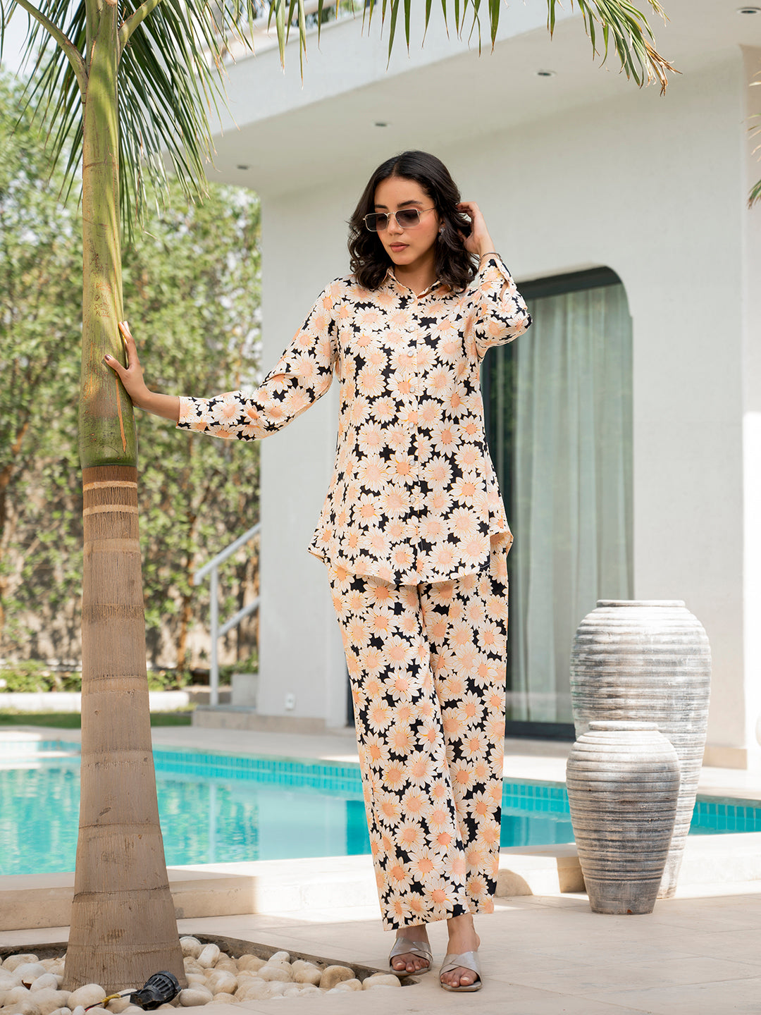 Noe Velarro Black Floral Printed Rayon Co-ord Set