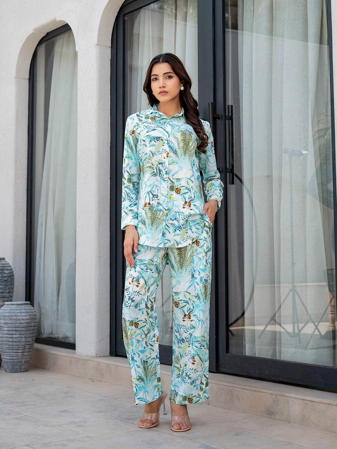 Noe Velarro Sky Blue Floral Printed Rayon Co-ord Set