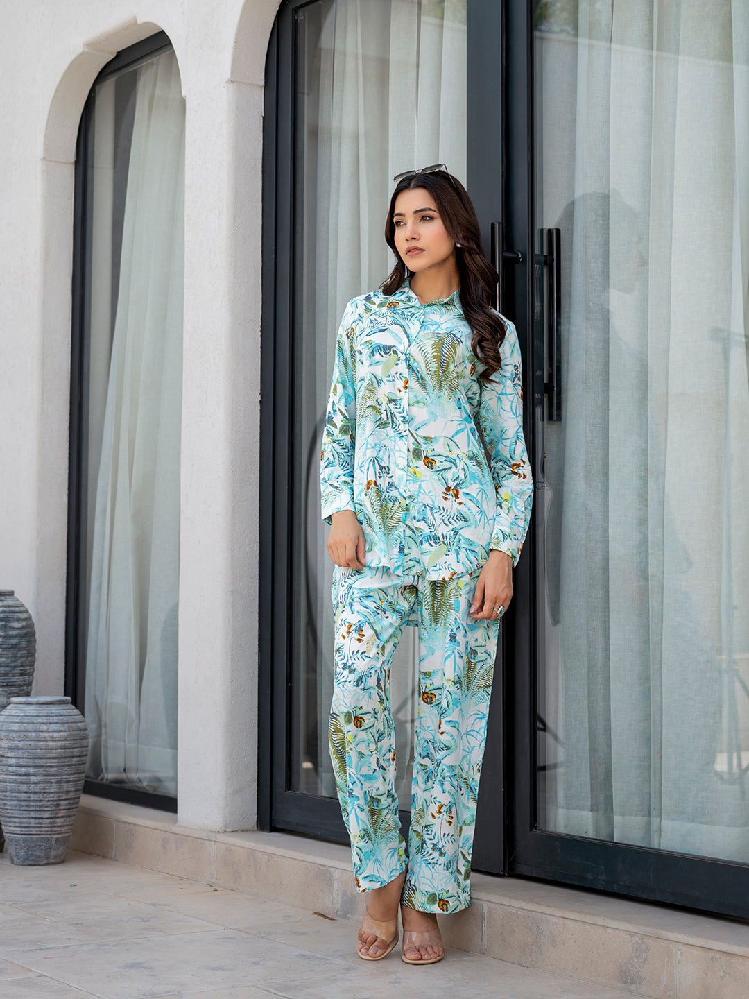 Noe Velarro Sky Blue Floral Printed Rayon Co-ord Set