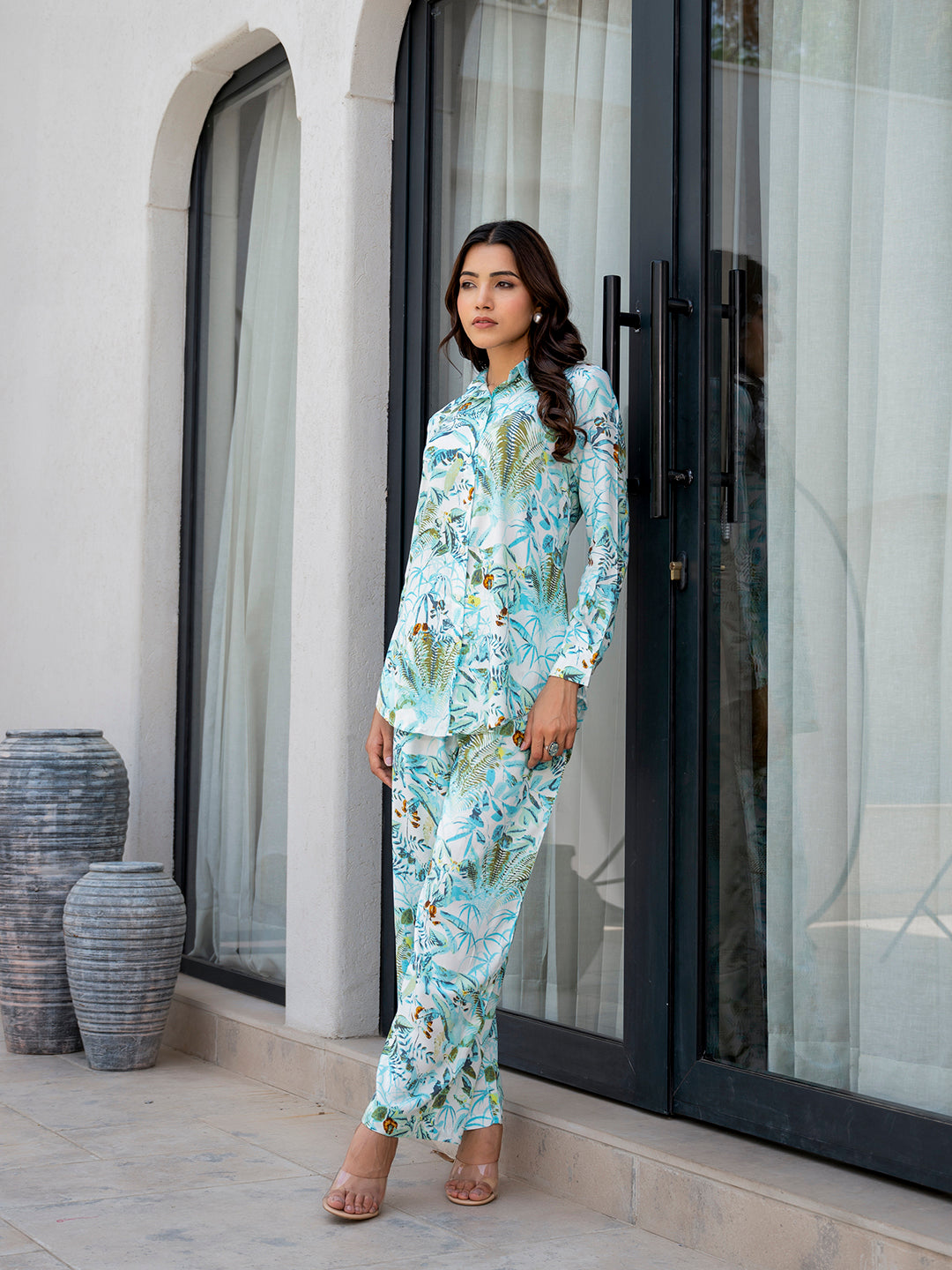 Noe Velarro Sky Blue Floral Printed Rayon Co-ord Set