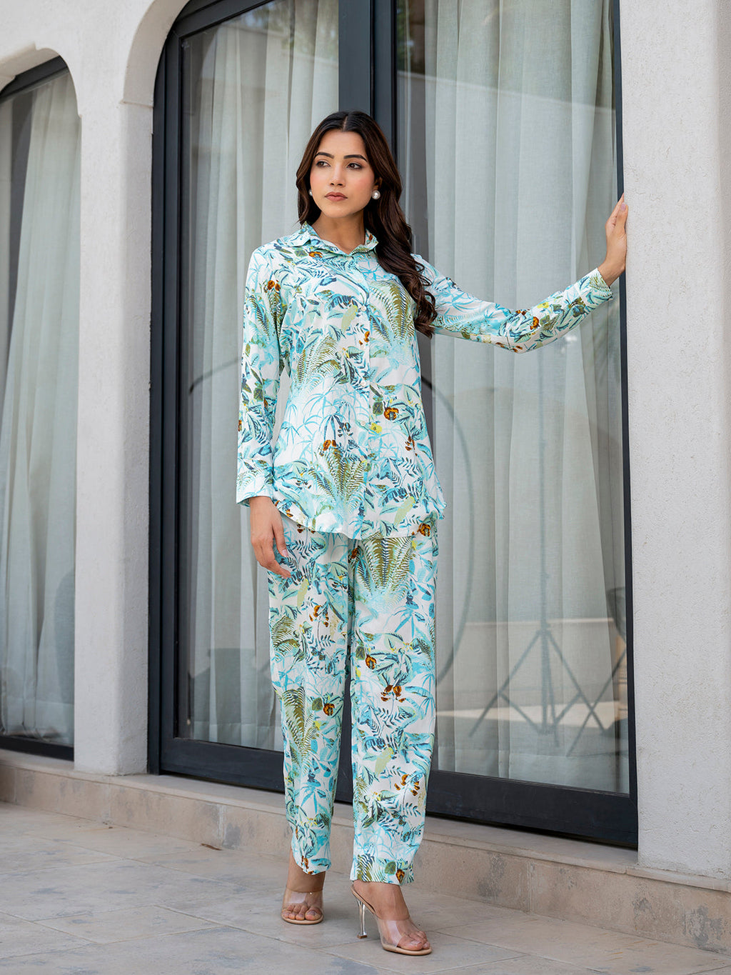 Noe Velarro Sky Blue Floral Printed Rayon Co-ord Set