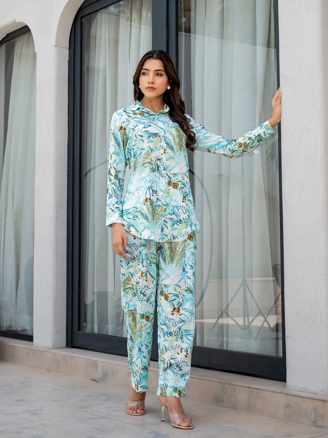 Noe Velarro Sky Blue Floral Printed Rayon Co-ord Set