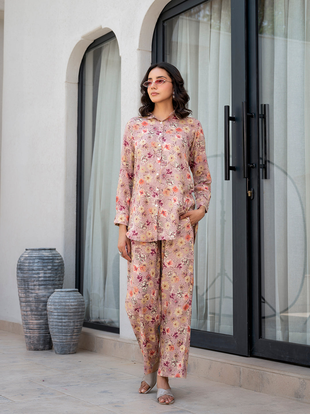 Noe Velarro Purple Multi Floral Printed Rayon Co-ord Set