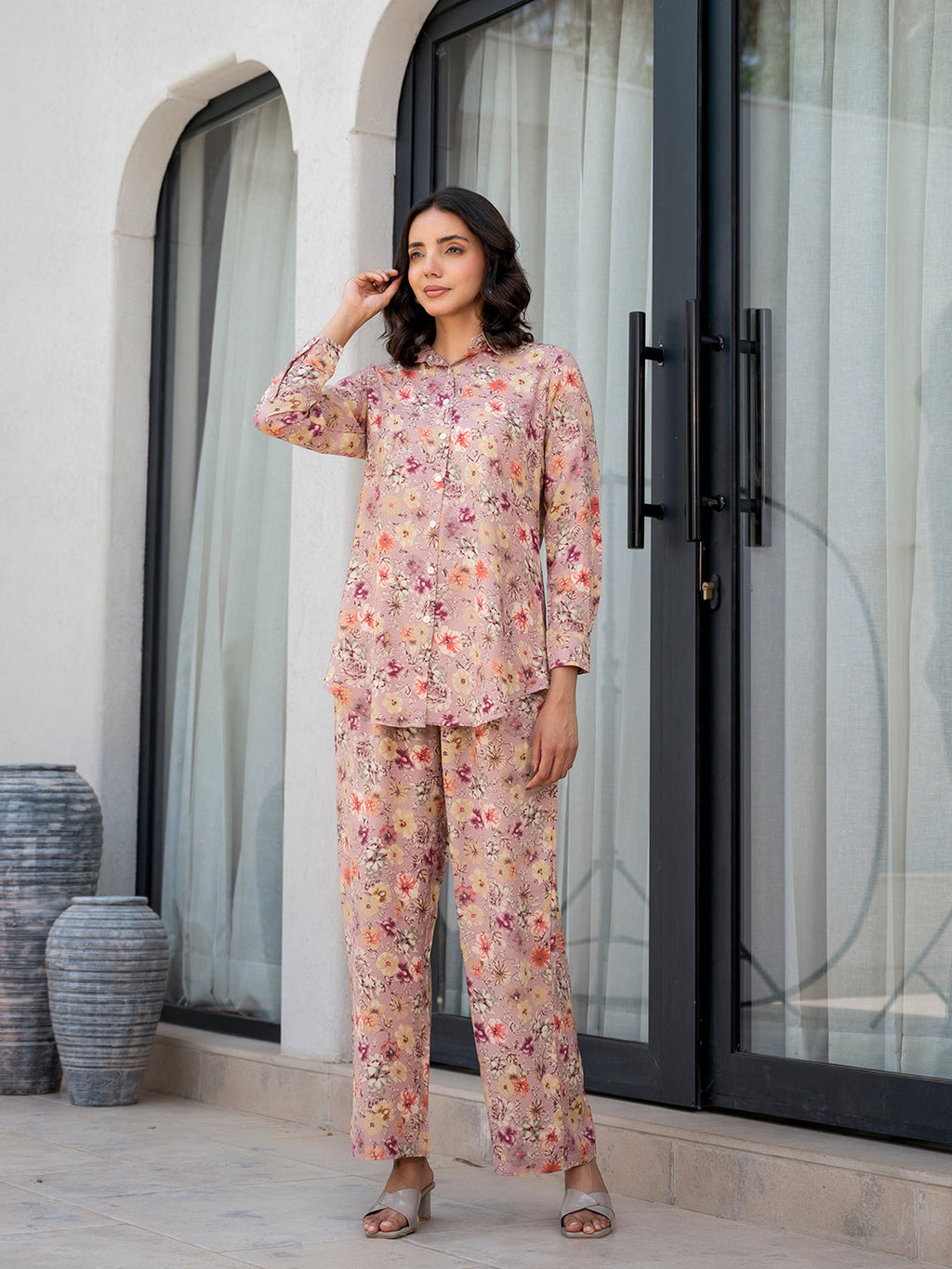 Noe Velarro Purple Multi Floral Printed Rayon Co-ord Set