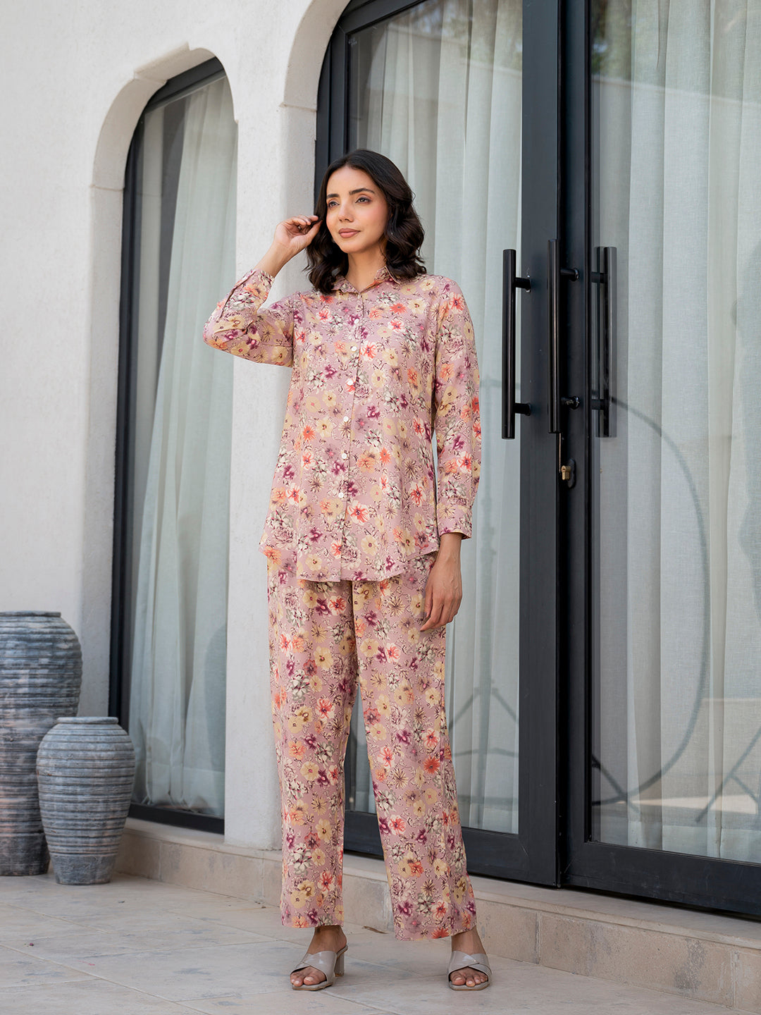 Noe Velarro Purple Multi Floral Printed Rayon Co-ord Set