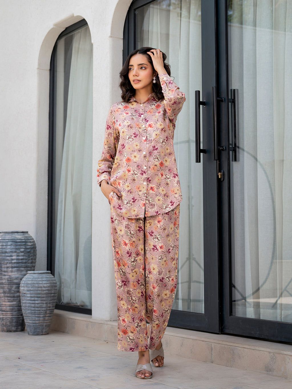 Noe Velarro Purple Multi Floral Printed Rayon Co-ord Set