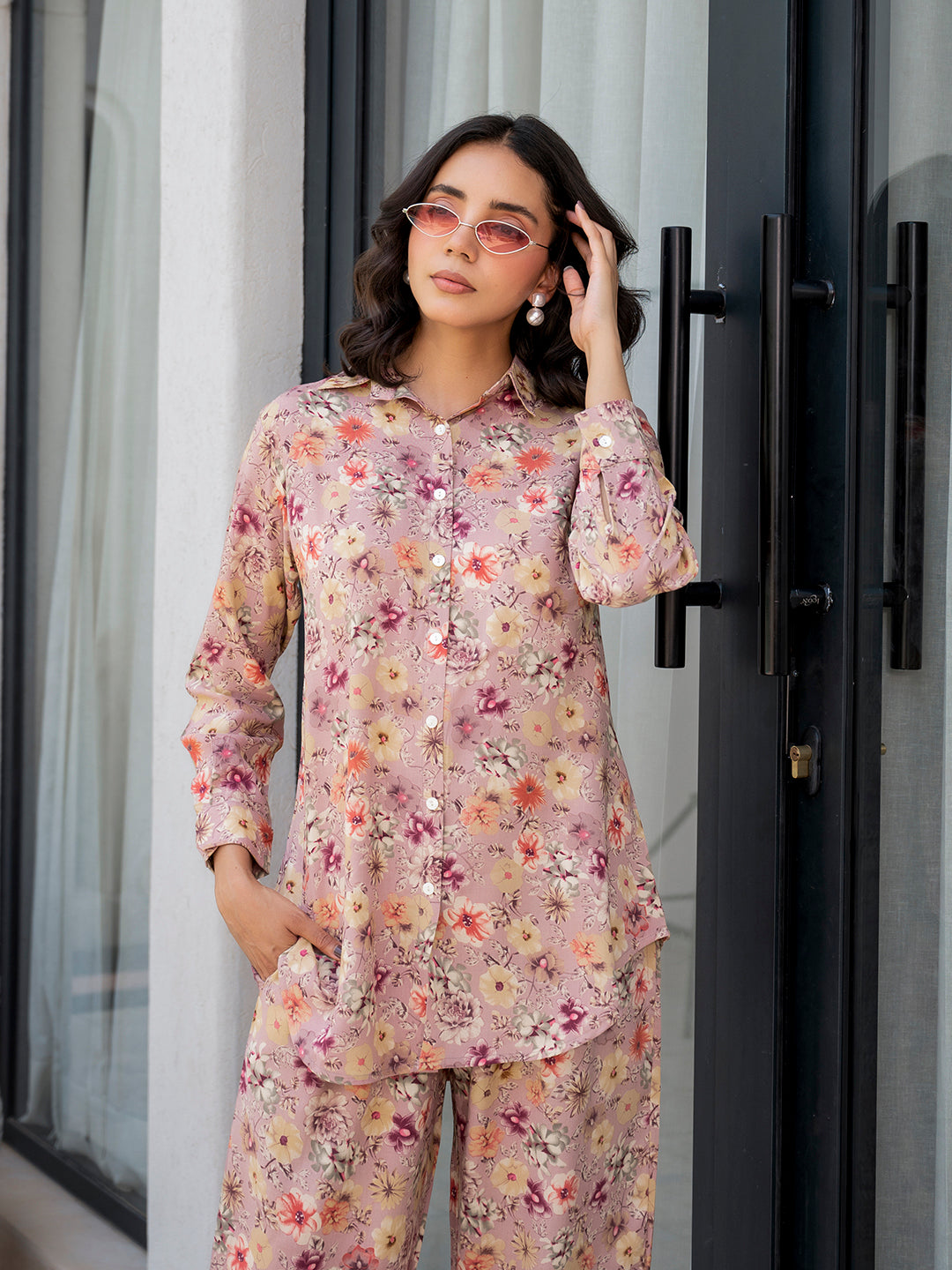 Noe Velarro Purple Multi Floral Printed Rayon Co-ord Set