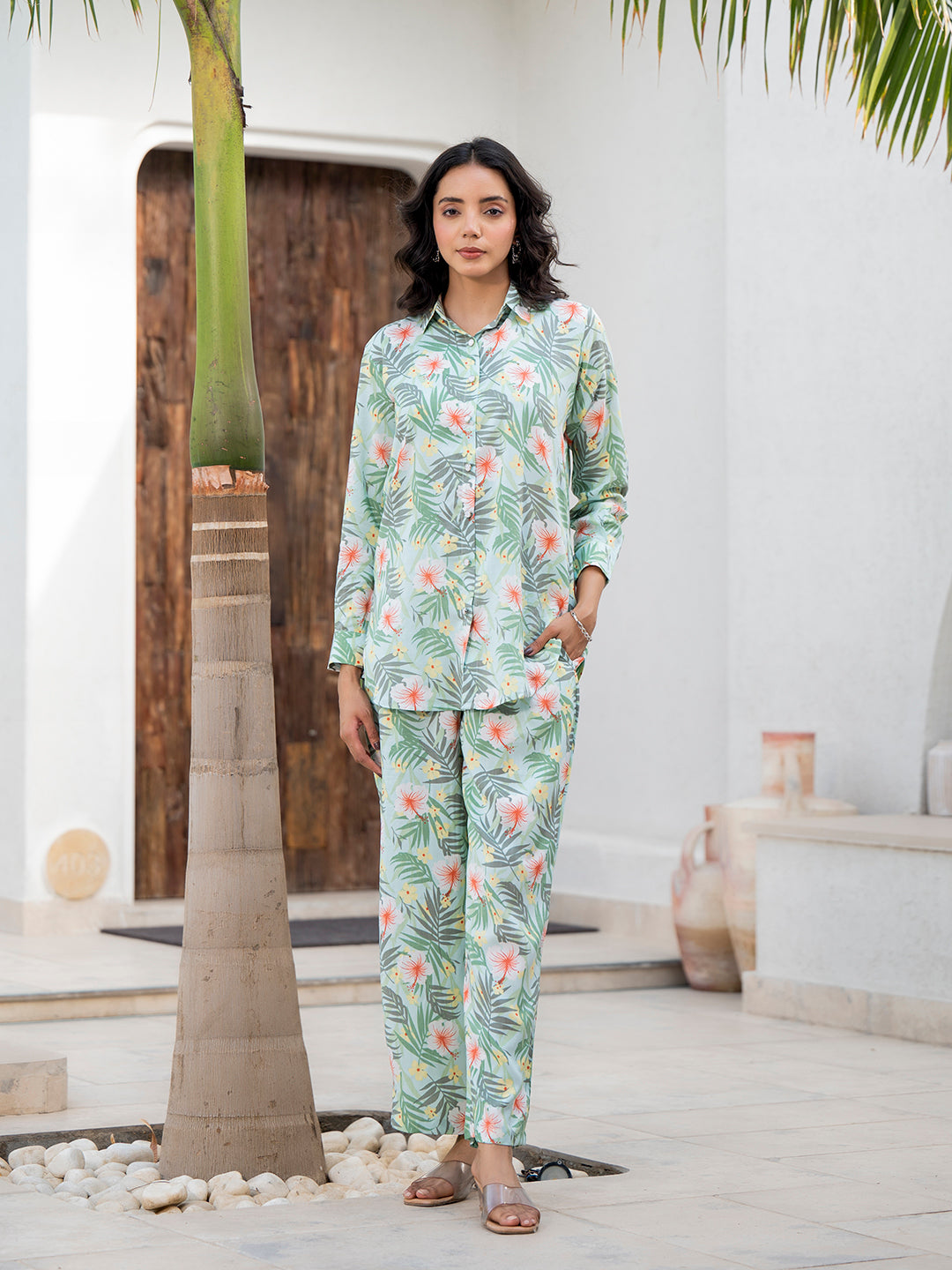 Noe Velarro Sky Blue Floral Printed Rayon Co-ord Set