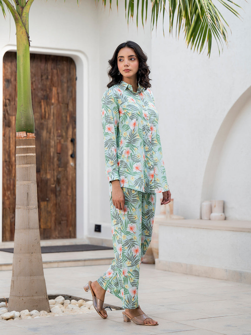 Noe Velarro Sky Blue Floral Printed Rayon Co-ord Set