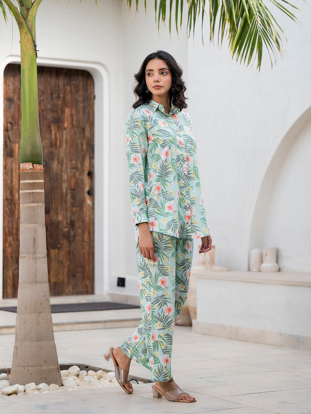 Noe Velarro Sky Blue Floral Printed Rayon Co-ord Set