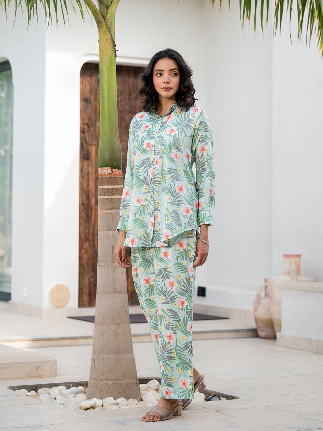 Noe Velarro Sky Blue Floral Printed Rayon Co-ord Set