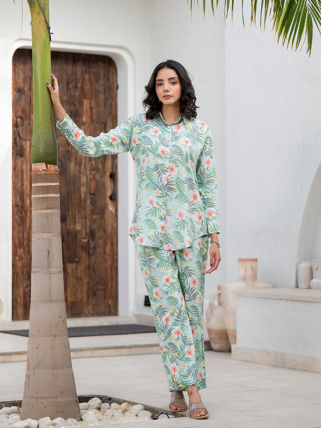 Noe Velarro Sky Blue Floral Printed Rayon Co-ord Set