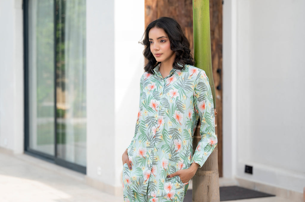 Noe Velarro Sky Blue Floral Printed Rayon Co-ord Set
