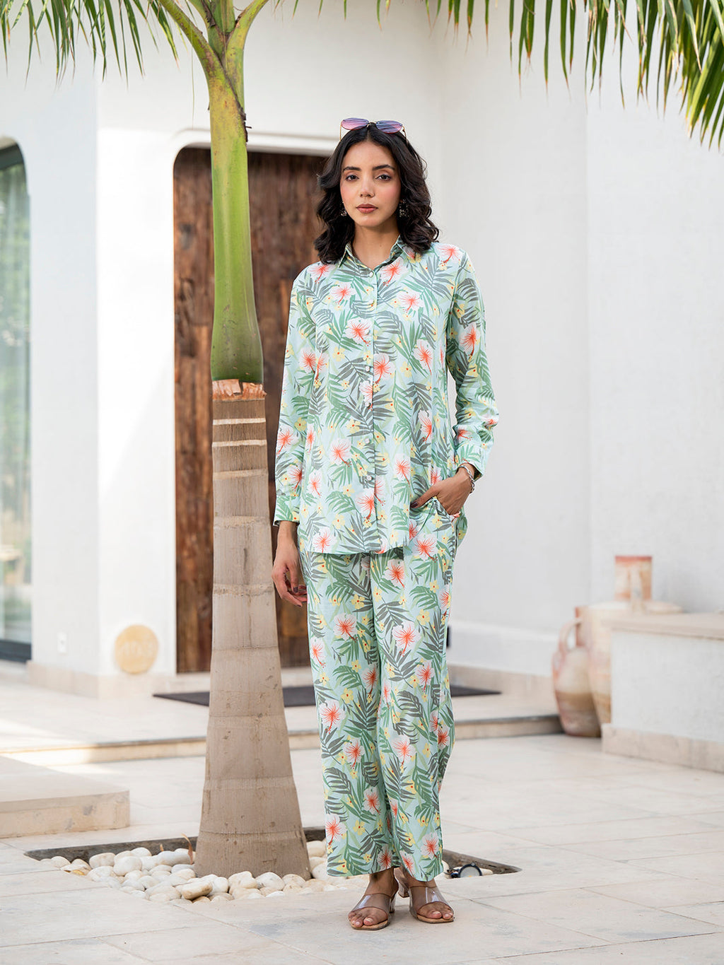 Noe Velarro Sky Blue Floral Printed Rayon Co-ord Set