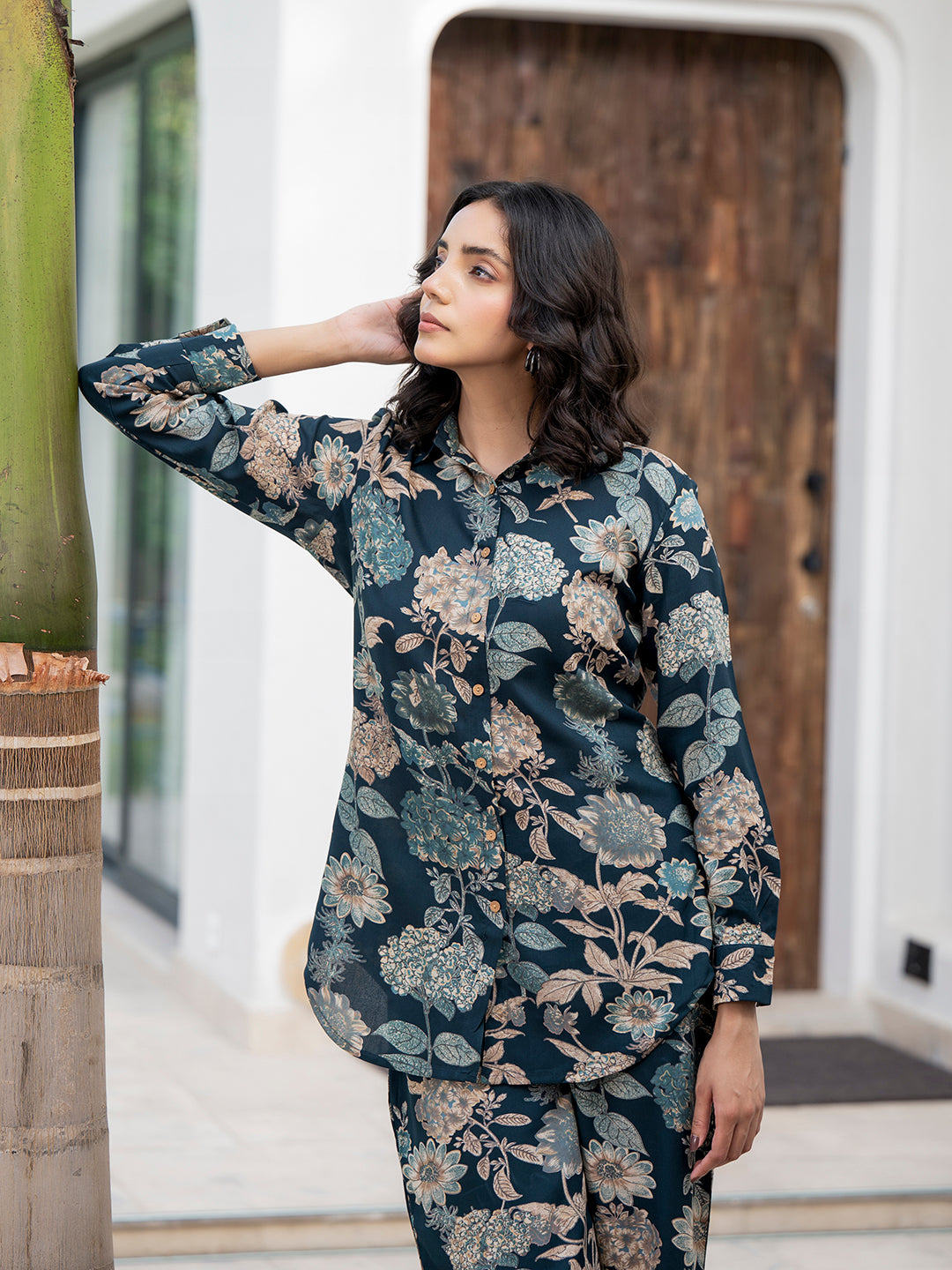 Noe Velarro Bottle green Floral Printed Rayon Co-ord Set for Women