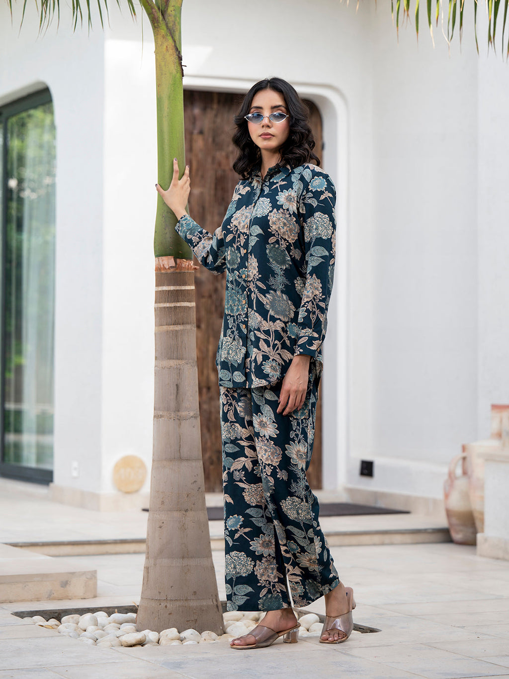 Noe Velarro Bottle green Floral Printed Rayon Co-ord Set for Women