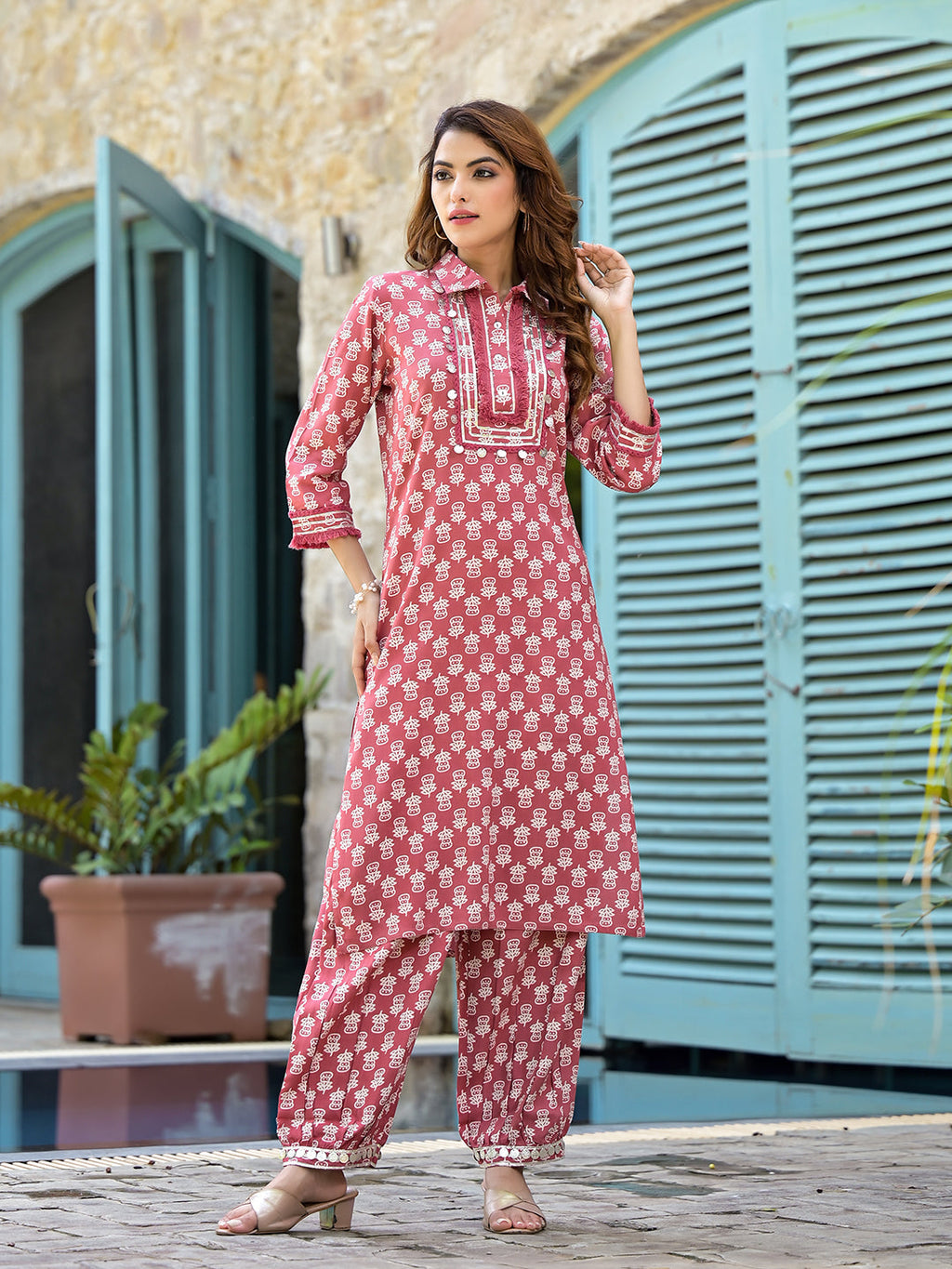 Noe Velarro Peach Cotton Straight Knee Long Co-Ord Set or Pathani Suit
