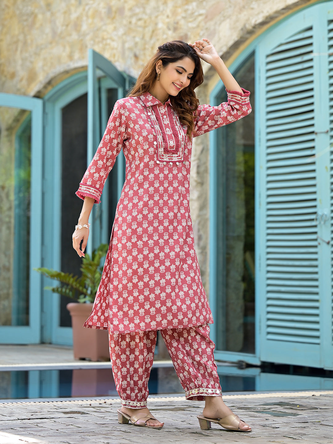 Noe Velarro Peach Cotton Straight Knee Long Co-Ord Set or Pathani Suit