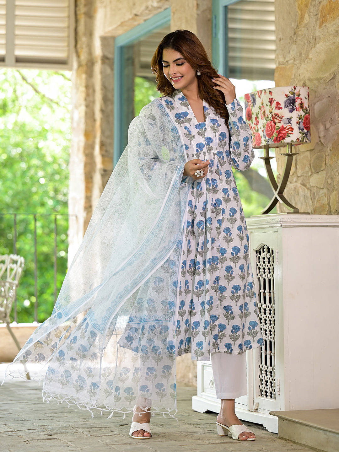 Noe Velarro White & Blue Floral HandBlock Cotton Anarkali Cotton Kurta Set