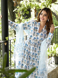 Noe Velarro White & Blue Floral HandBlock Cotton Anarkali Cotton Kurta Set