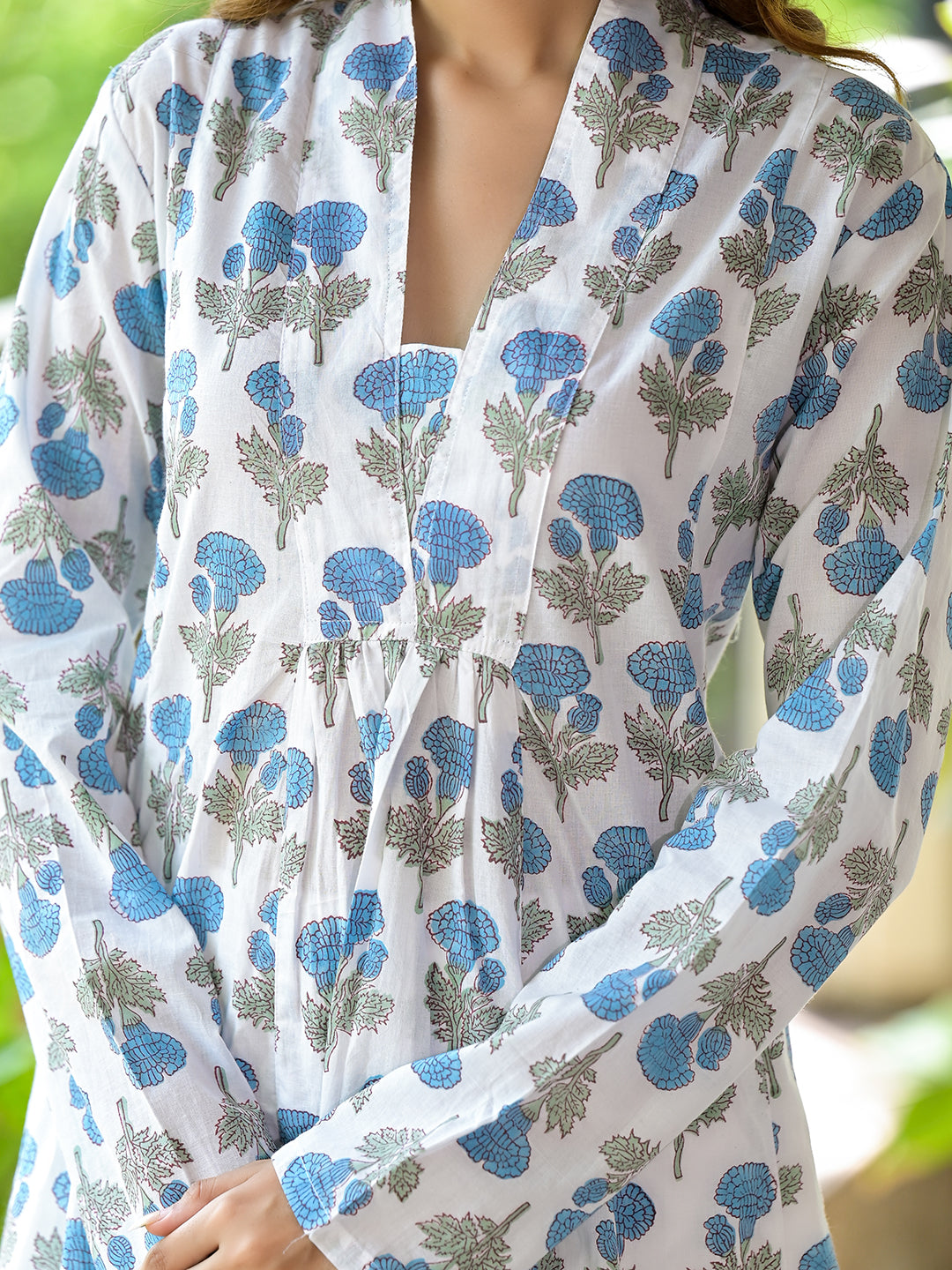 Noe Velarro White & Blue Floral HandBlock Cotton Anarkali Cotton Kurta Set