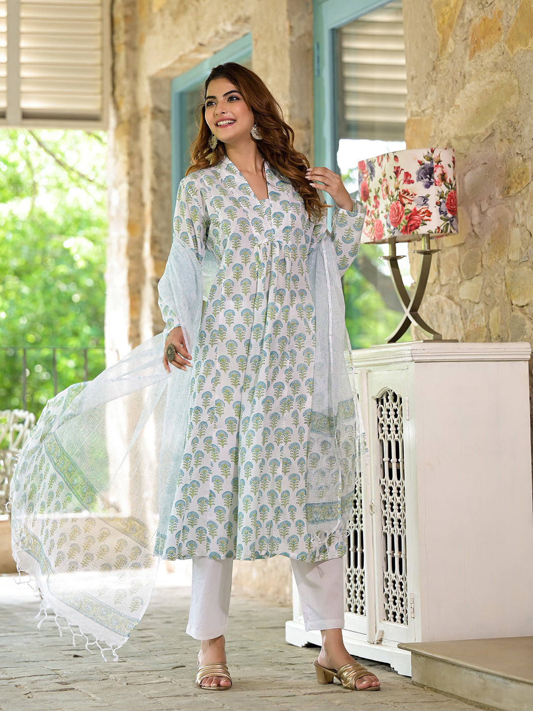 Noe Velarro White & Green Floral Handblock Printed Cotton Anarkali  Kurta Set