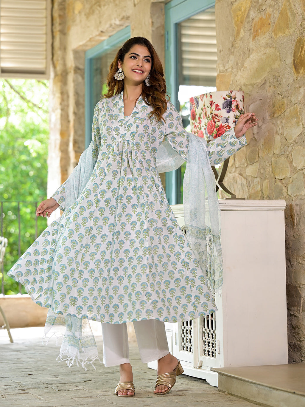 Noe Velarro White & Green Floral Handblock Printed Cotton Anarkali  Kurta Set