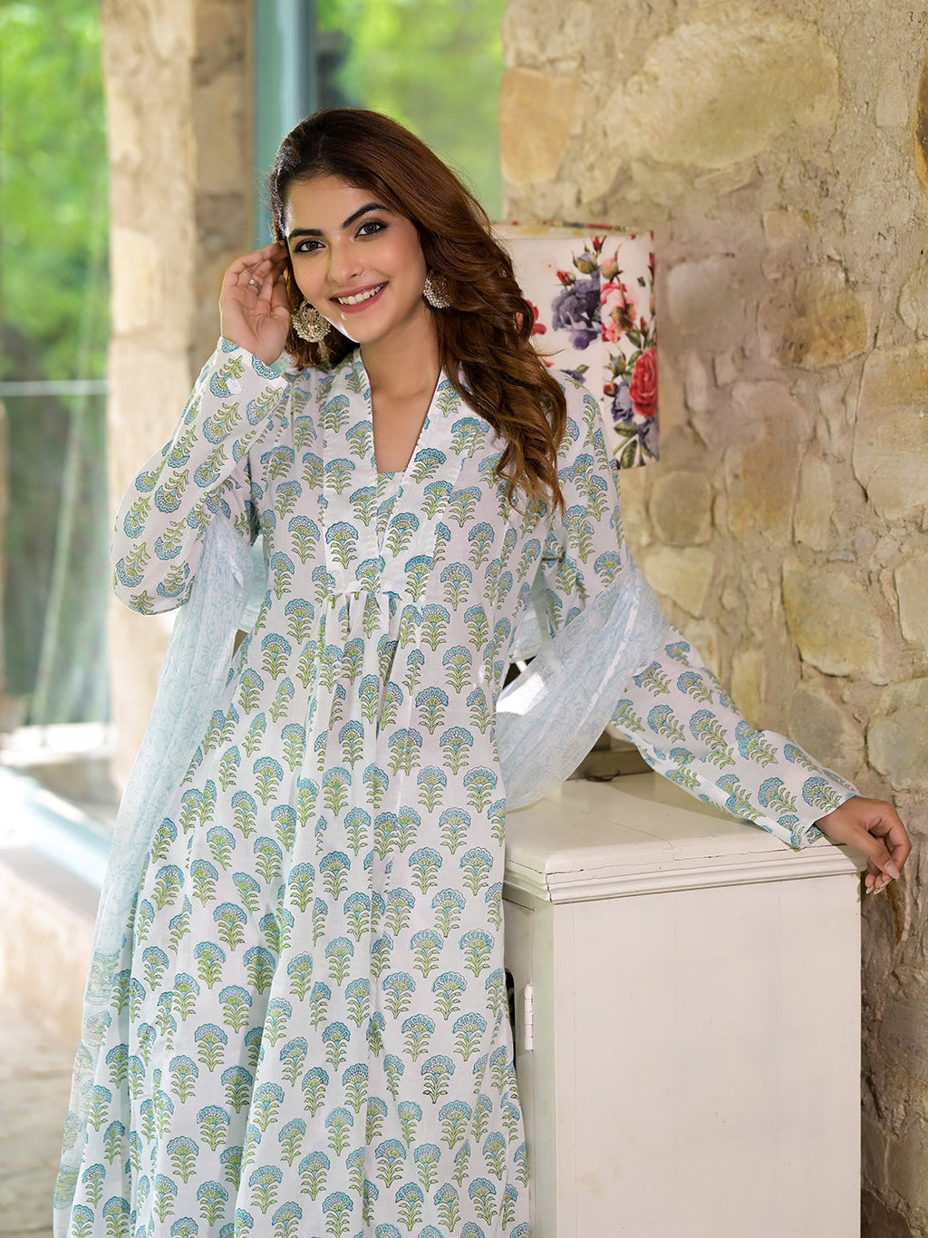 Noe Velarro White & Green Floral Handblock Printed Cotton Anarkali  Kurta Set