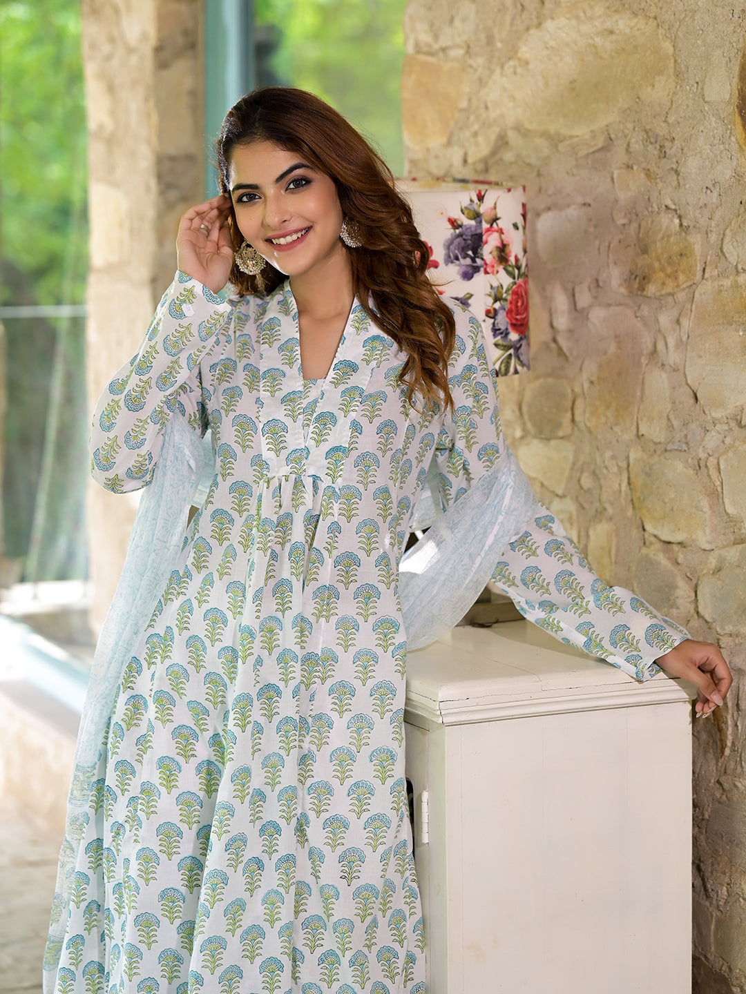 Noe Velarro White & Green Floral Handblock Printed Cotton Anarkali  Kurta Set