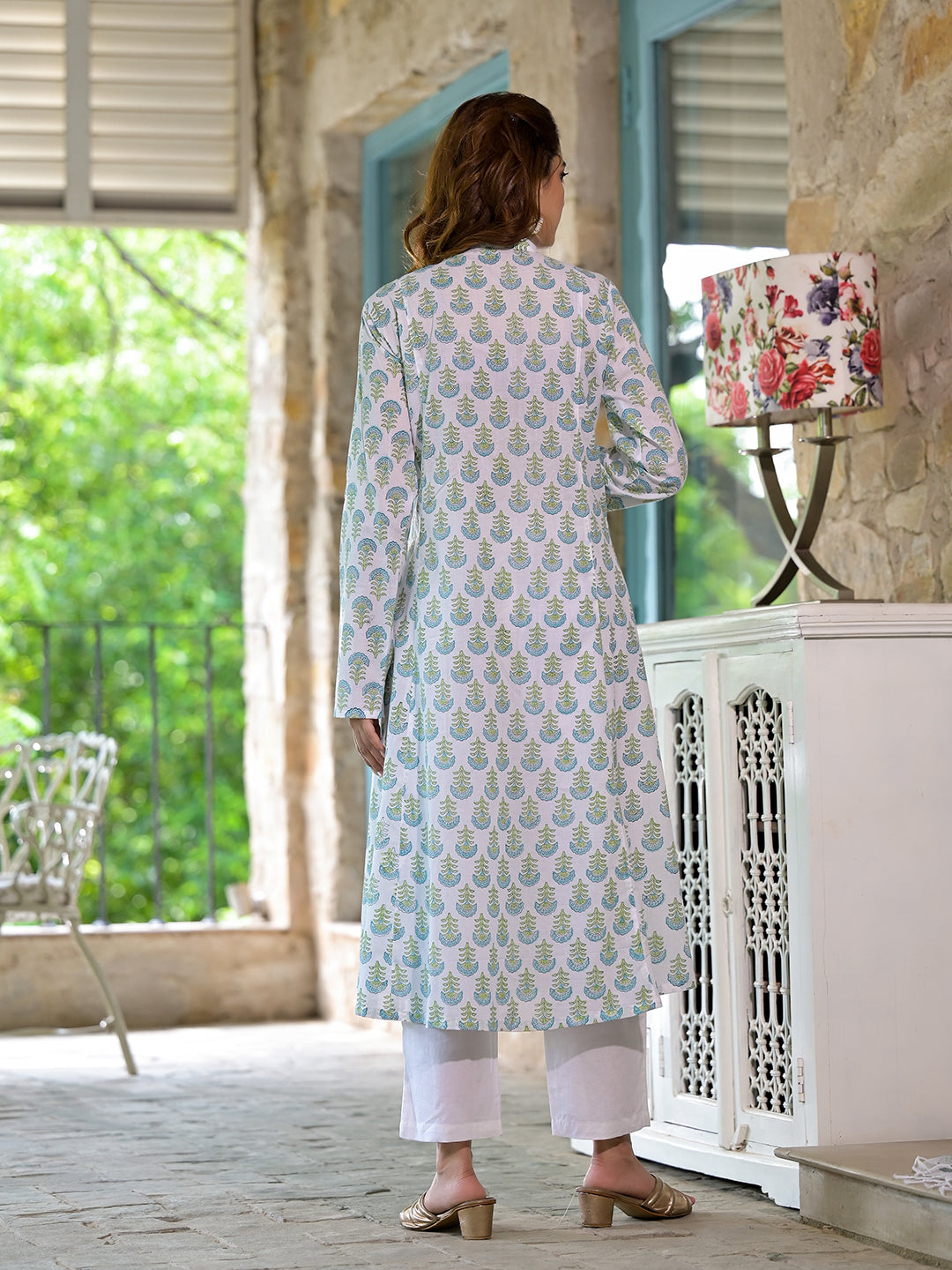 Noe Velarro White & Green Floral Handblock Printed Cotton Anarkali  Kurta Set