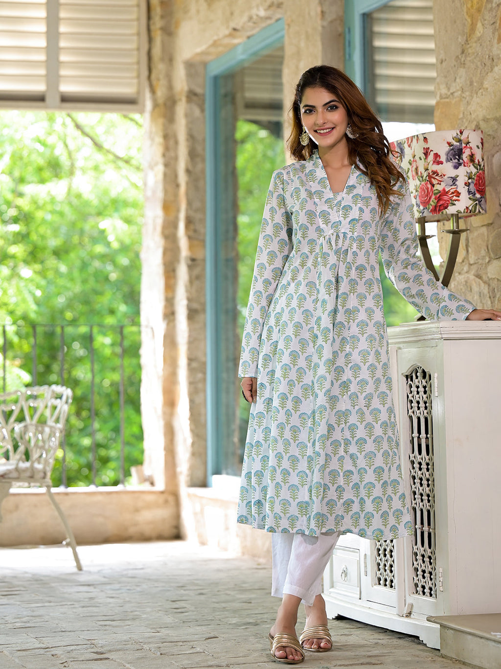 Noe Velarro White & Green Floral Handblock Printed Cotton Anarkali  Kurta Set