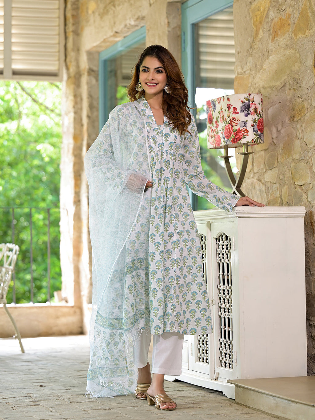 Noe Velarro White & Green Floral Handblock Printed Cotton Anarkali  Kurta Set