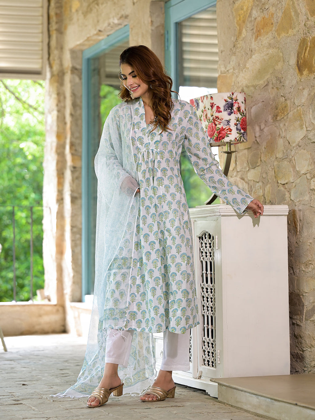 Noe Velarro White & Green Floral Handblock Printed Cotton Anarkali  Kurta Set