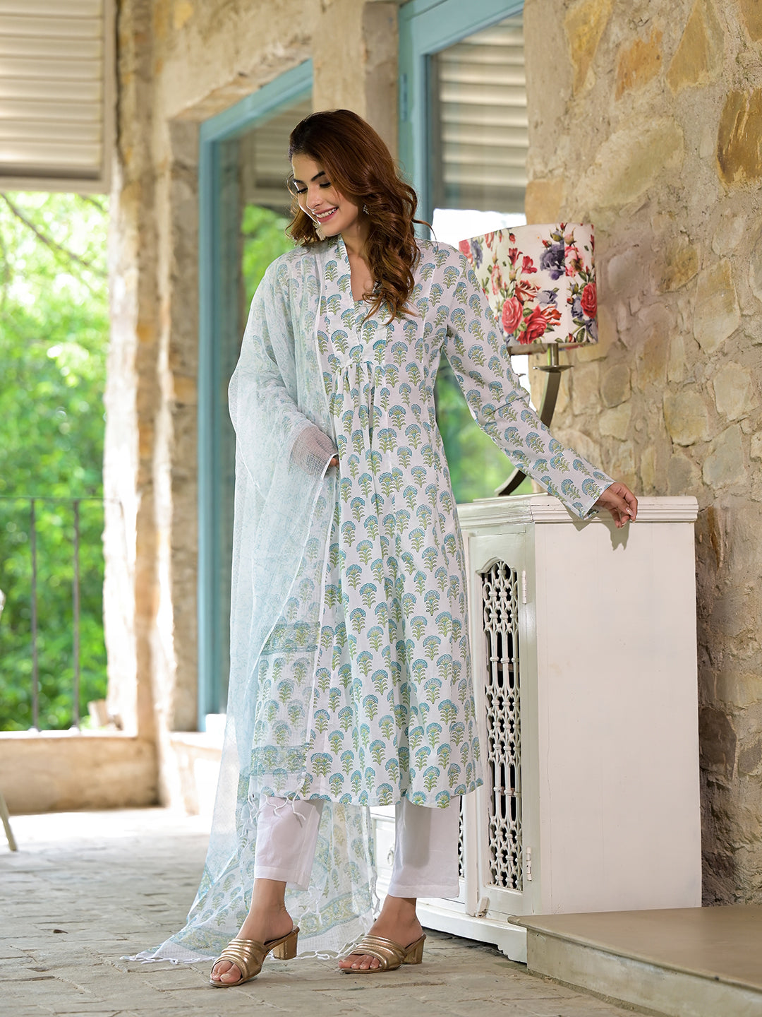 Noe Velarro White & Green Floral Handblock Printed Cotton Anarkali  Kurta Set