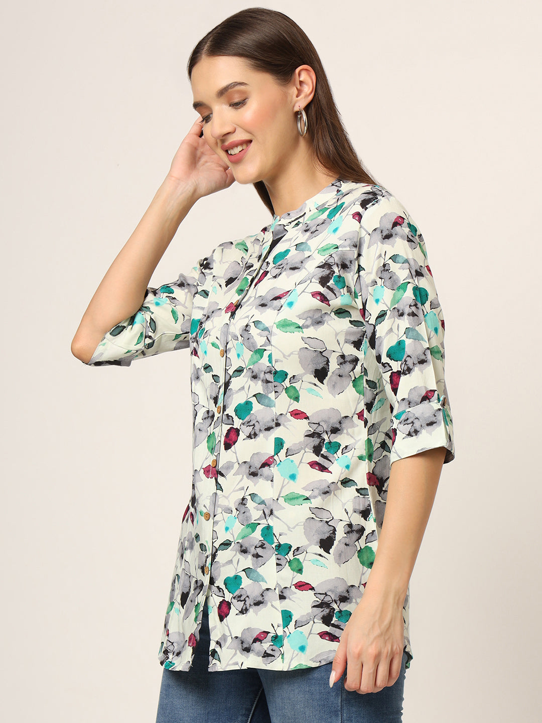 Noe Velarro Multicolor Printed Rayon Fabric Shirt Style Top