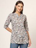 Noe Velarro White & Brown Printed Rayon Fabric Shirt Style Top