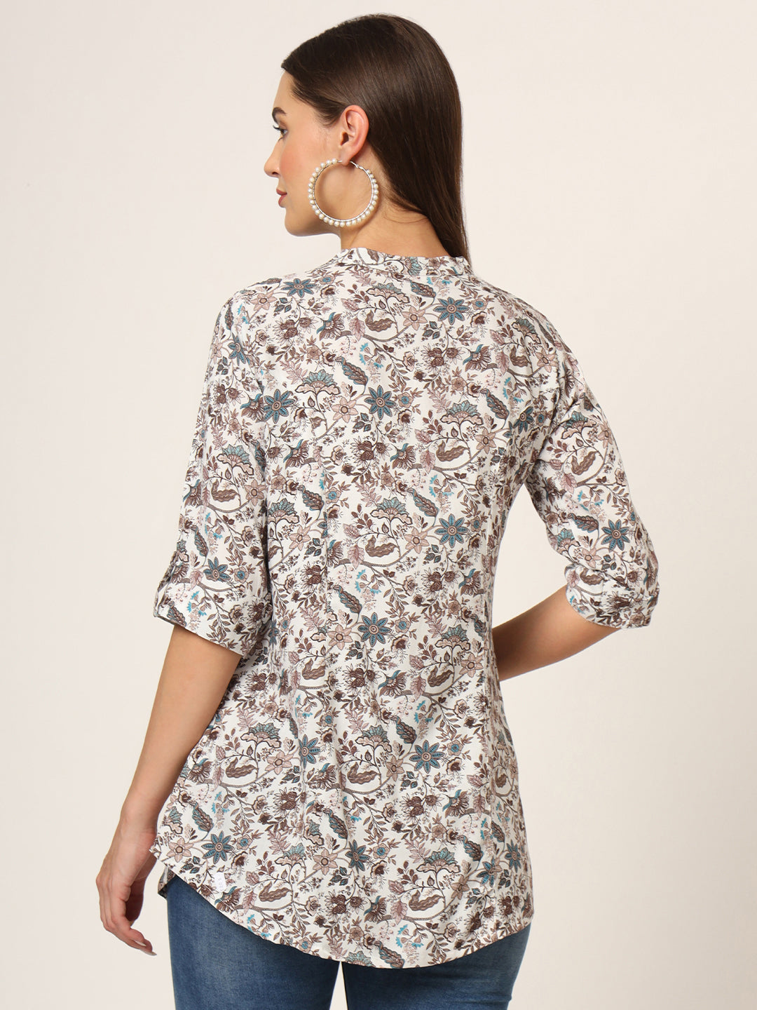Noe Velarro White & Brown Printed Rayon Fabric Shirt Style Top