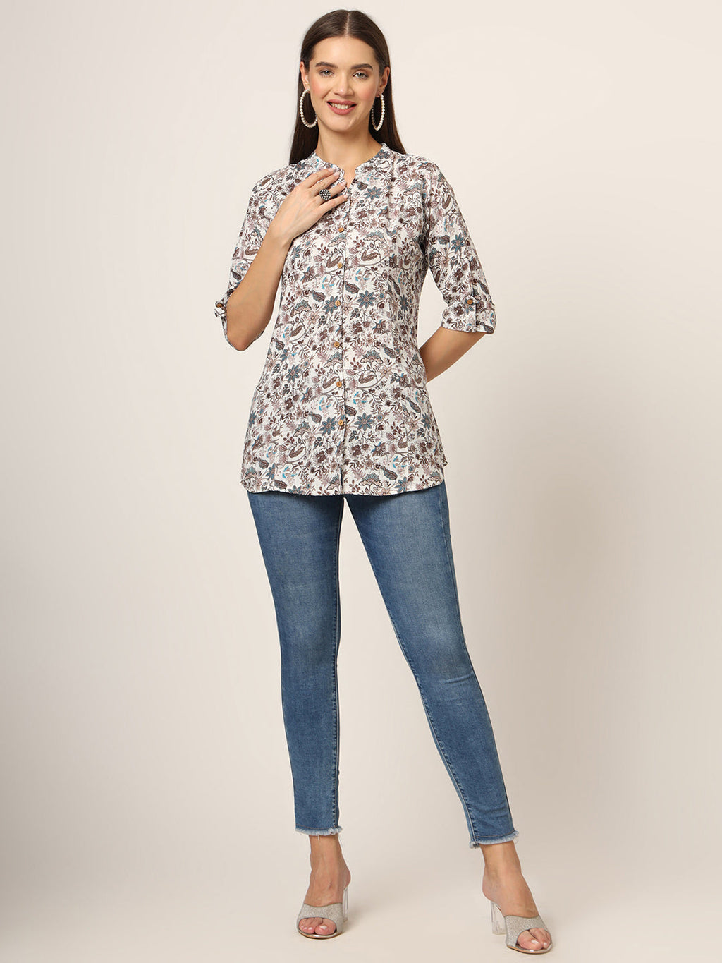 Noe Velarro White & Brown Printed Rayon Fabric Shirt Style Top