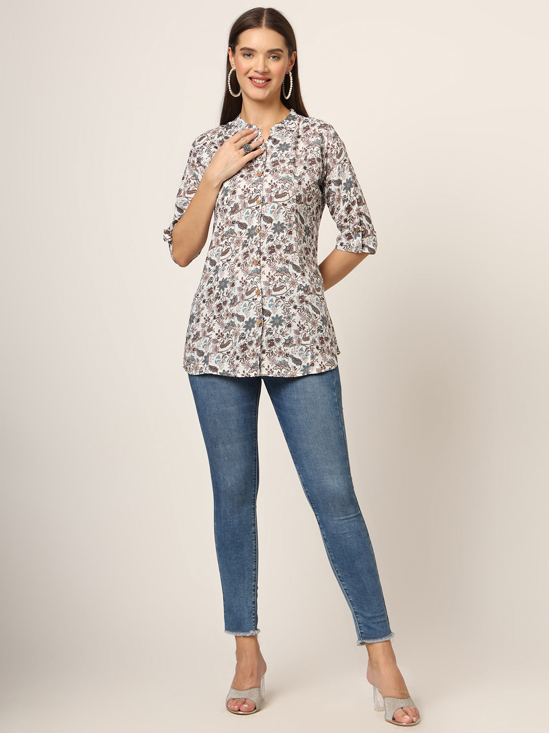 Noe Velarro White & Brown Printed Rayon Fabric Shirt Style Top