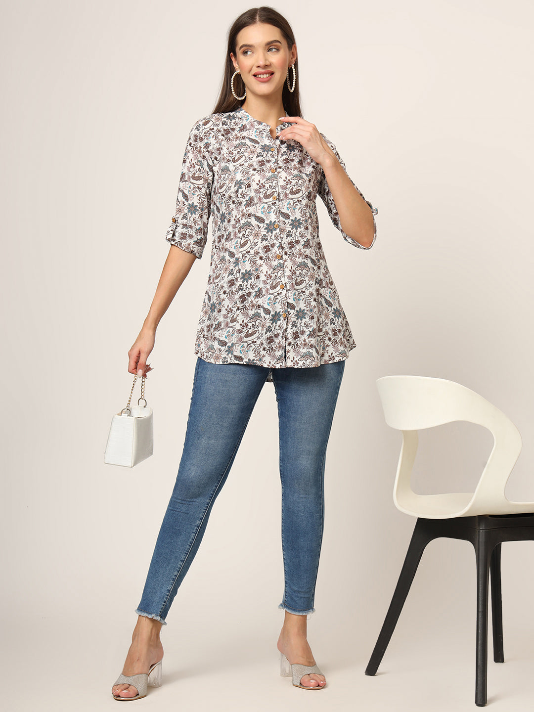 Noe Velarro White & Brown Printed Rayon Fabric Shirt Style Top