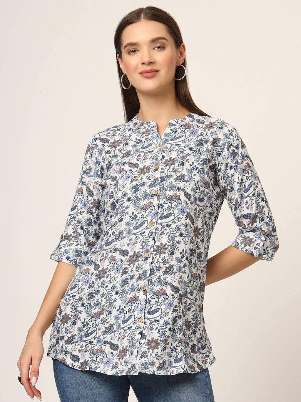 Noe Velarro Blue Printed Rayon Fabric Shirt Style Top