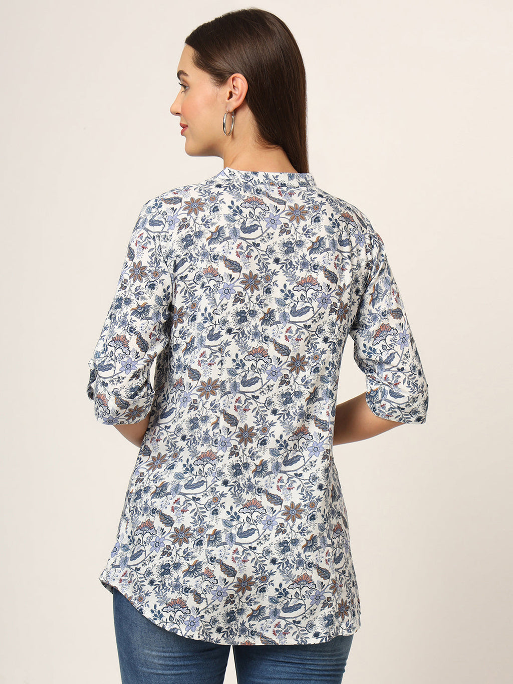 Noe Velarro Blue Printed Rayon Fabric Shirt Style Top