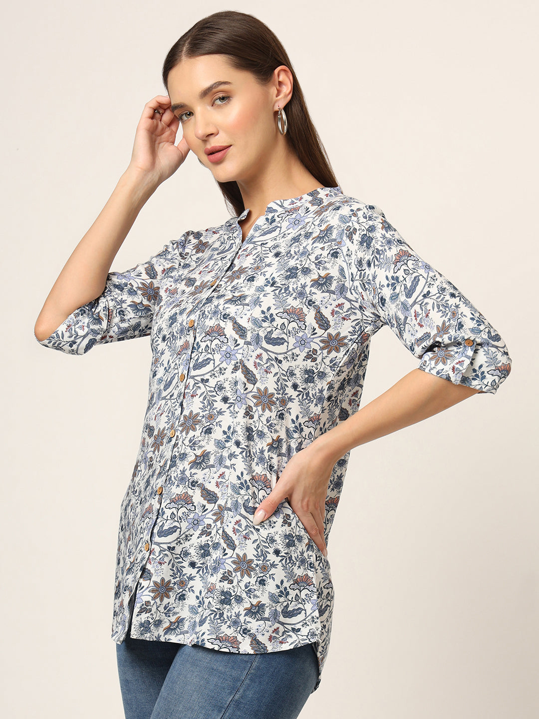 Noe Velarro Blue Printed Rayon Fabric Shirt Style Top