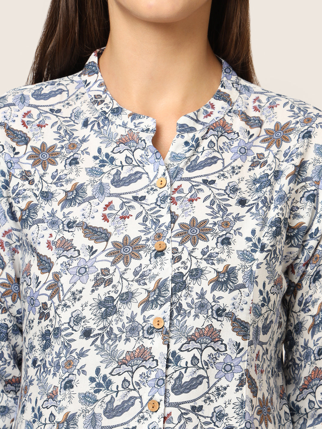 Noe Velarro Blue Printed Rayon Fabric Shirt Style Top
