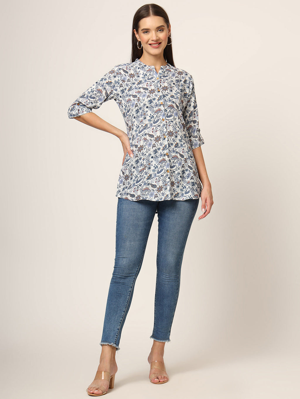 Noe Velarro Blue Printed Rayon Fabric Shirt Style Top