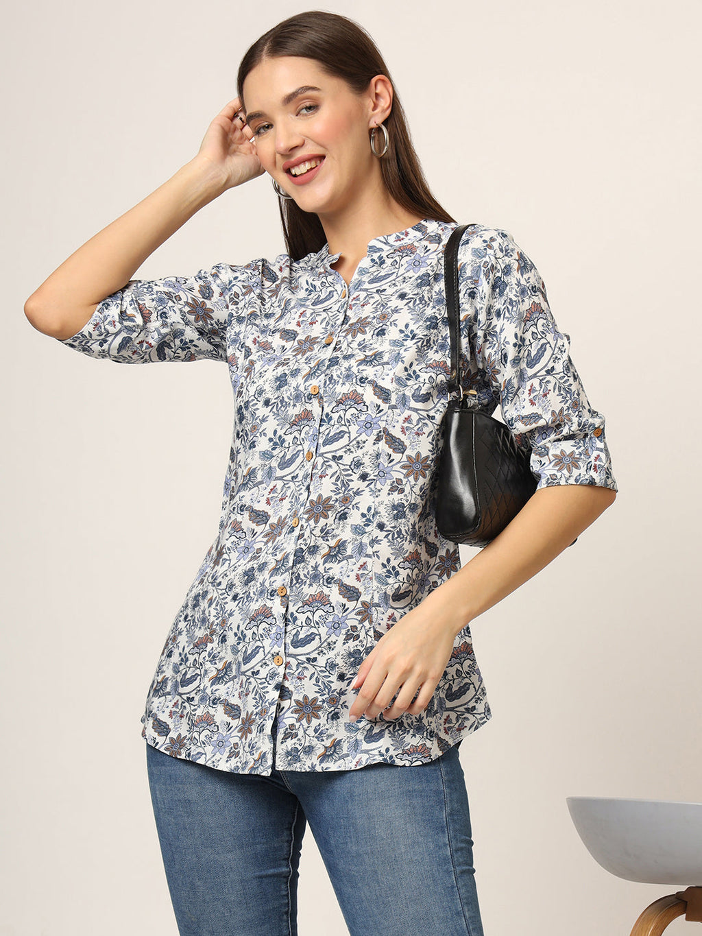 Noe Velarro Blue Printed Rayon Fabric Shirt Style Top