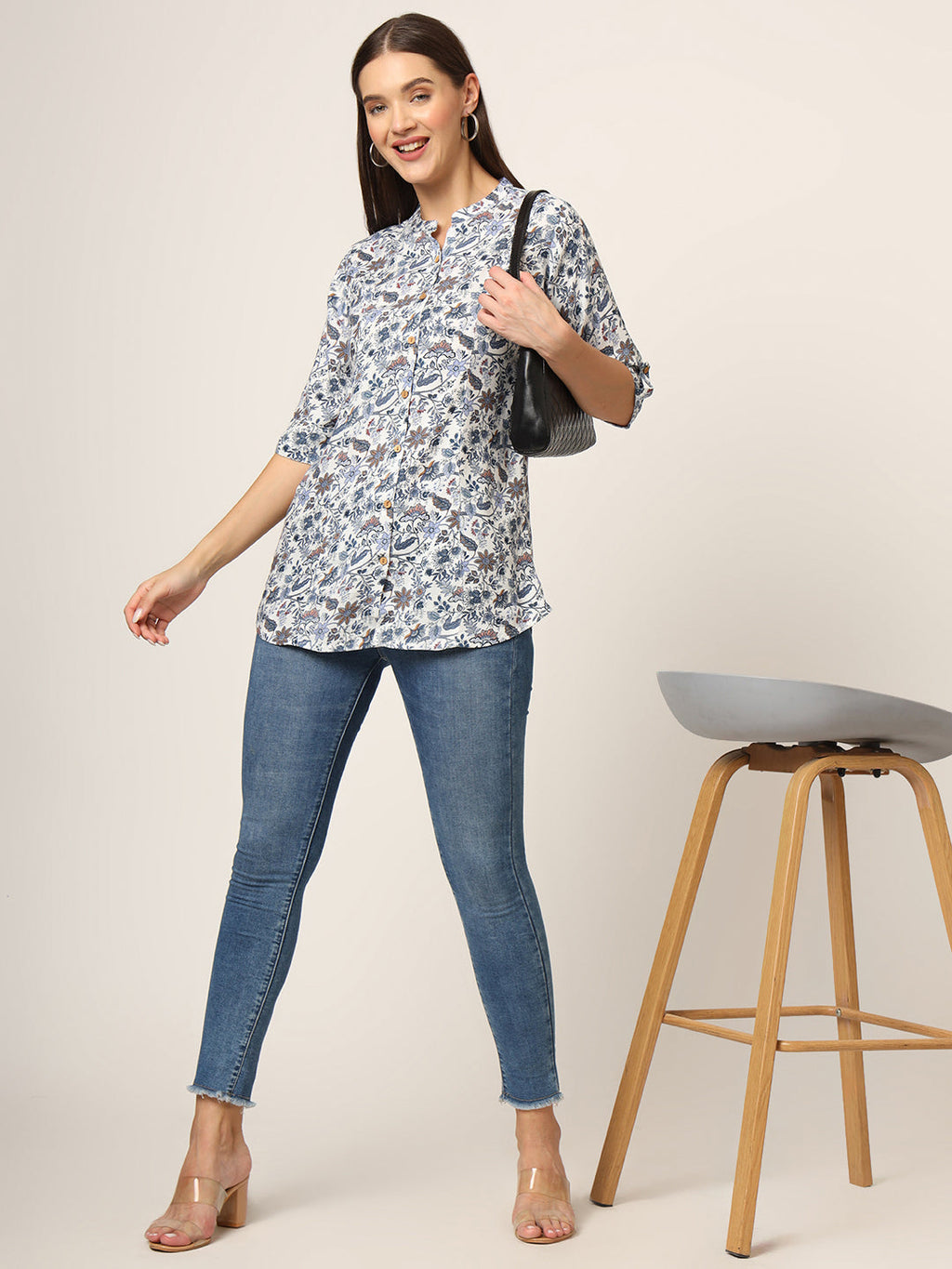 Noe Velarro Blue Printed Rayon Fabric Shirt Style Top